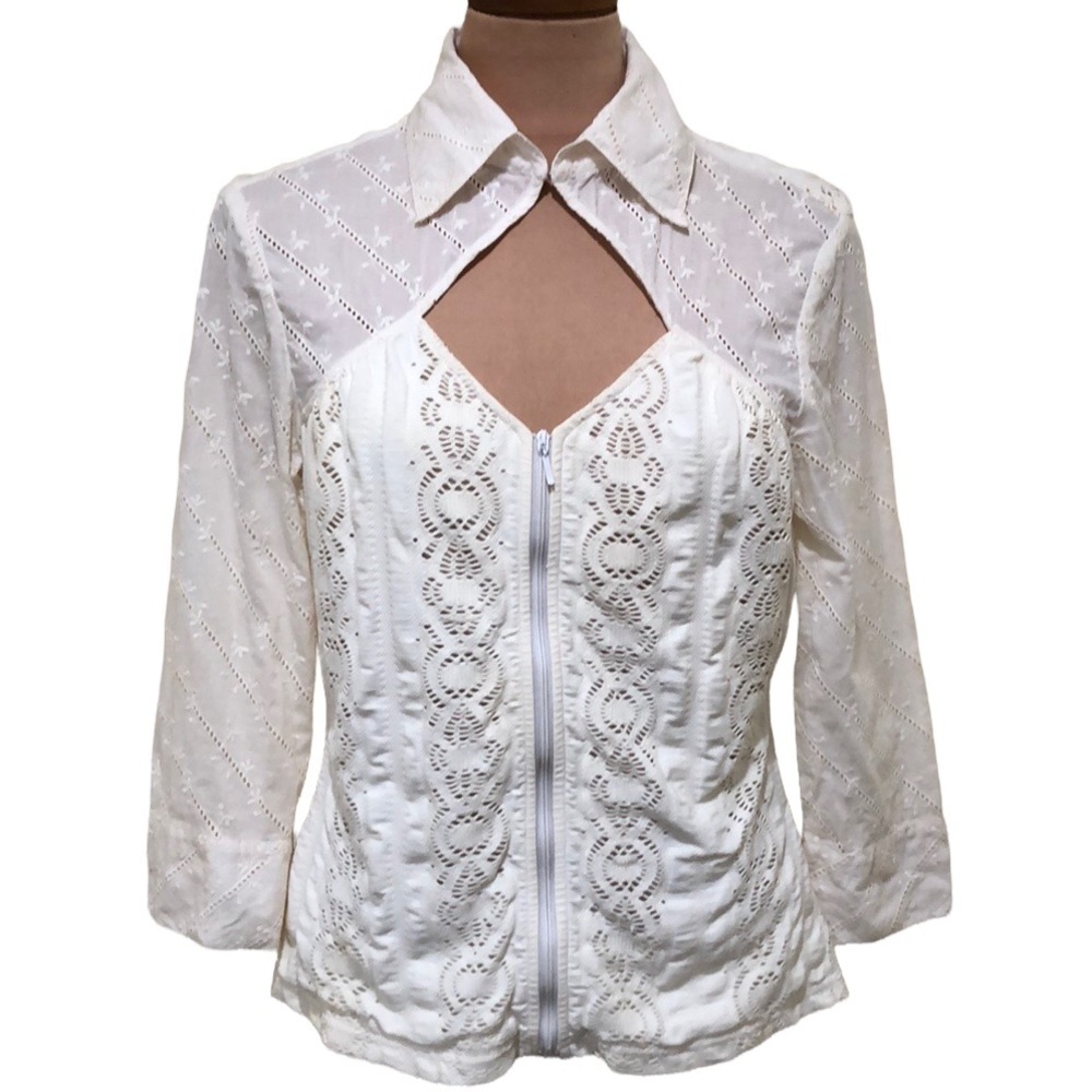 Samuel Dong Mixed Medium Cutout  Embroidered Lace Cream Blouse Size Medium